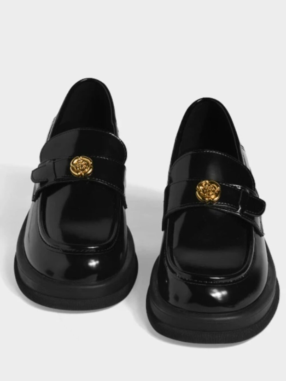 Women’s Genuine Leather Loafers British Style Chunky Heel Shoes with Gold Detail